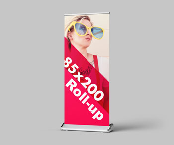 Urgent roll-up banner printing in Dubai featuring a design with a girl wearing glasses, rollup size 85x200cm, with a magenta and light yellow color scheme. Fast, professional printing for your event or marketing needs.