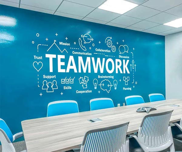 Dubai office reception wall graphic with branding design